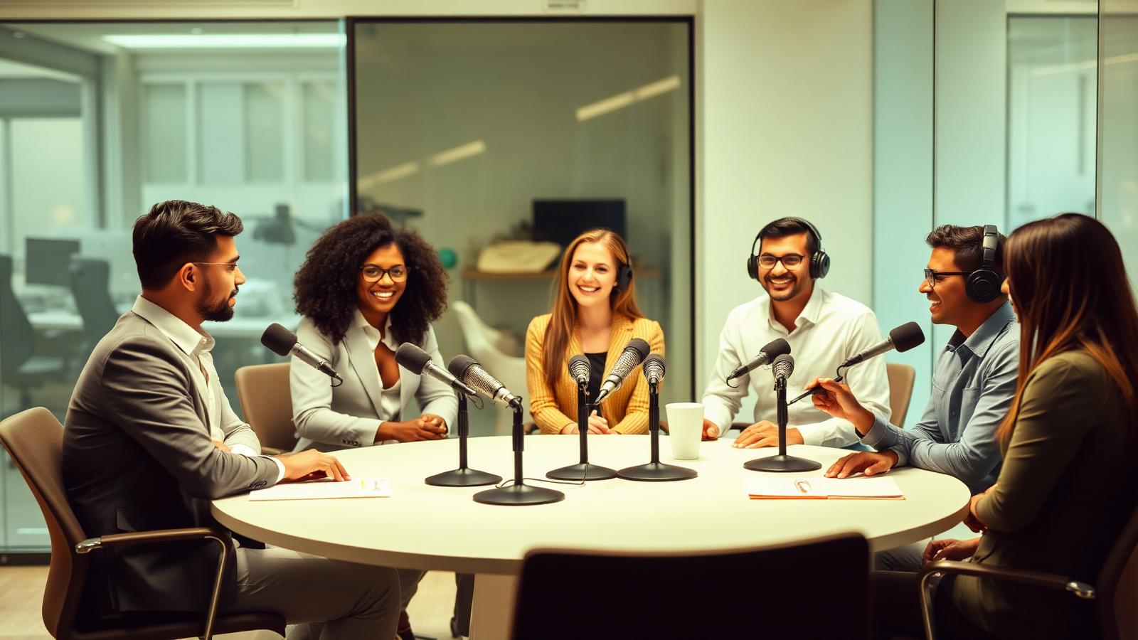 Diverse team recording an employer branding podcast around a table with microphones
