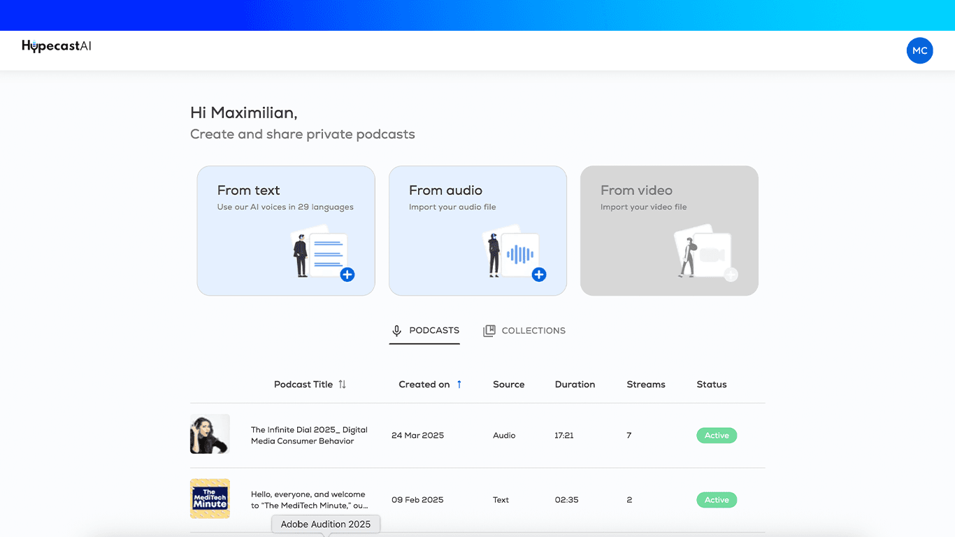 Turn text, video, audio, and even images into podcast - with HypecastAI.