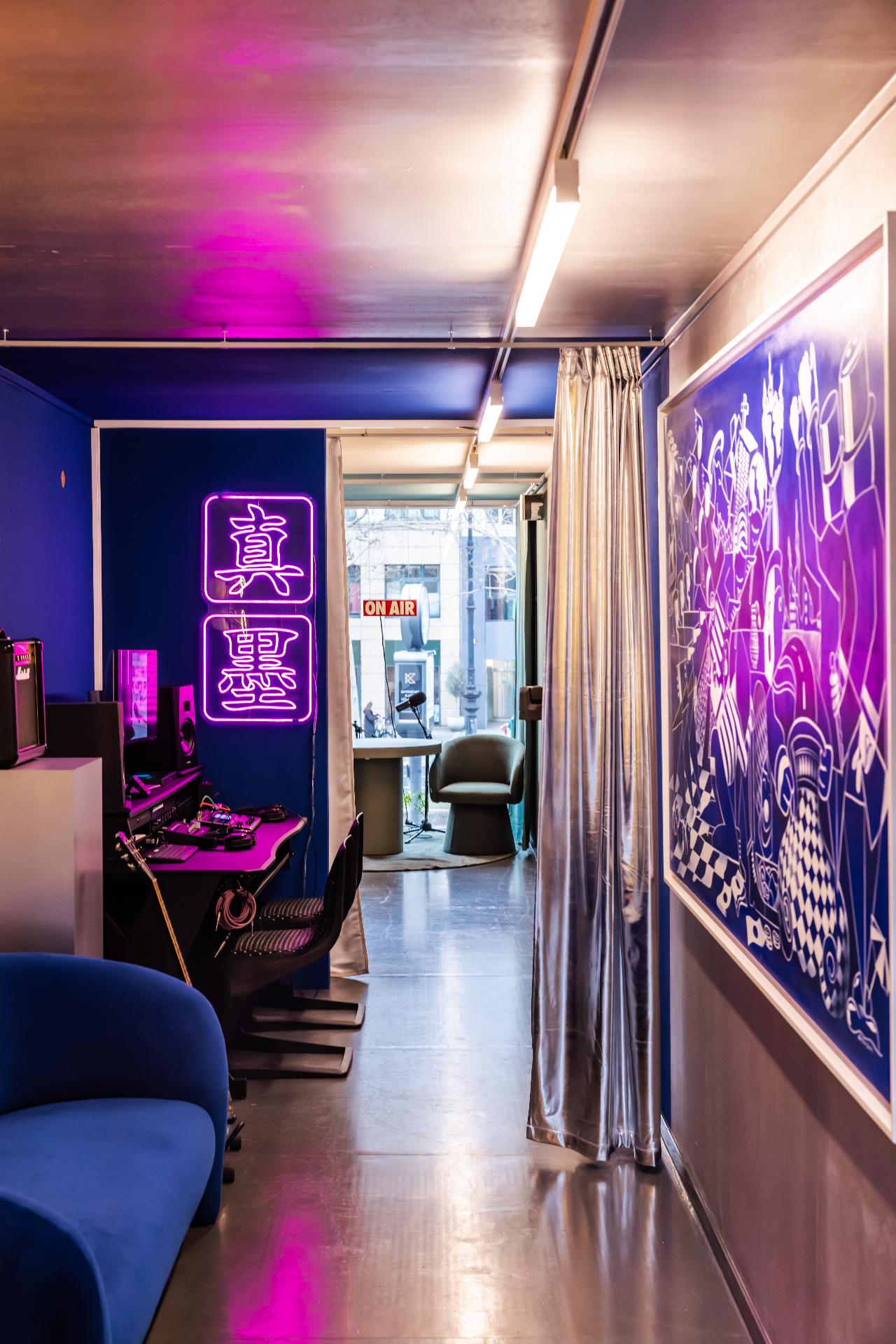 Neon-lit podcast studio interior in Berlin Charlottenburg