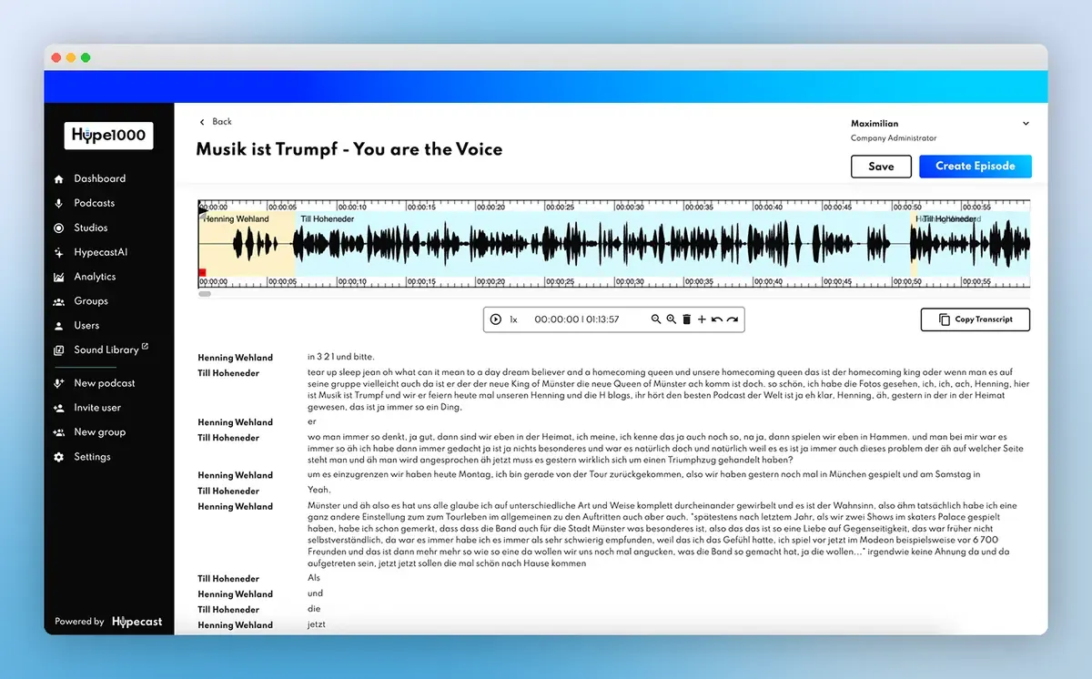 Hypecast AI production interface with transcripts and show notes
