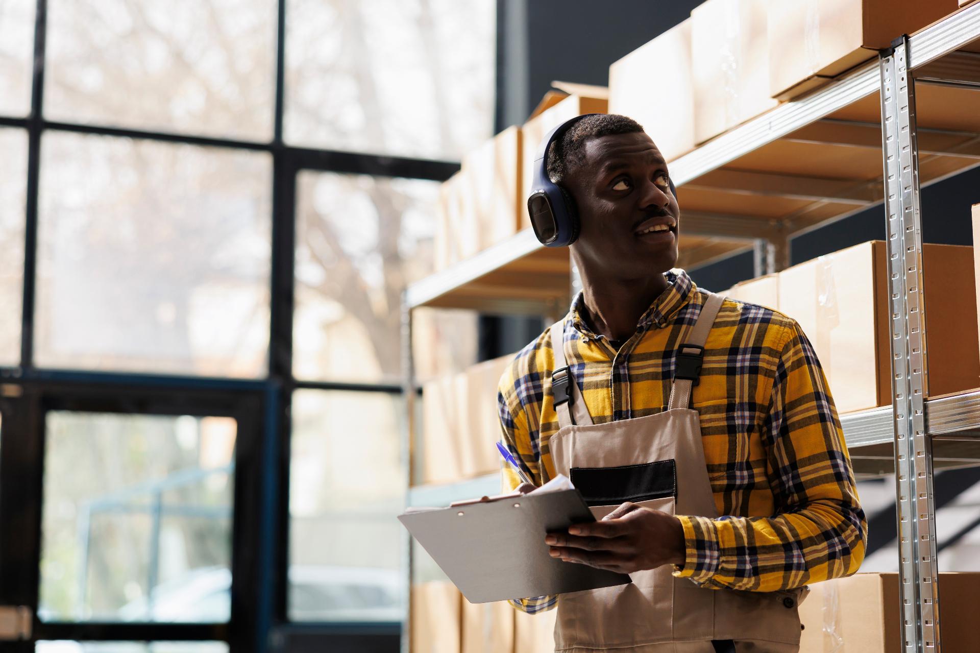 Warehouse worker with headphones